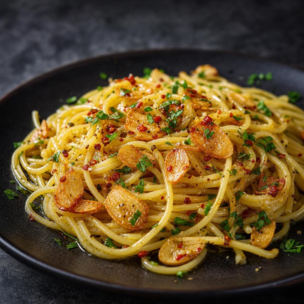 Spaghetti Aglio e Olio - beautifully plated pasta dish