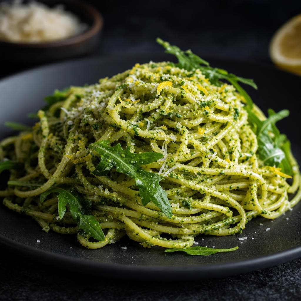 Arugula Lemon Pesto Pasta - beautifully plated pasta dish