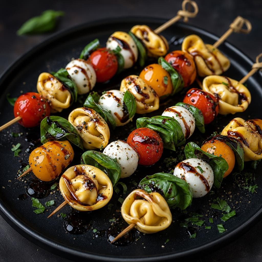 Caprese Pasta Skewers - beautifully plated pasta dish