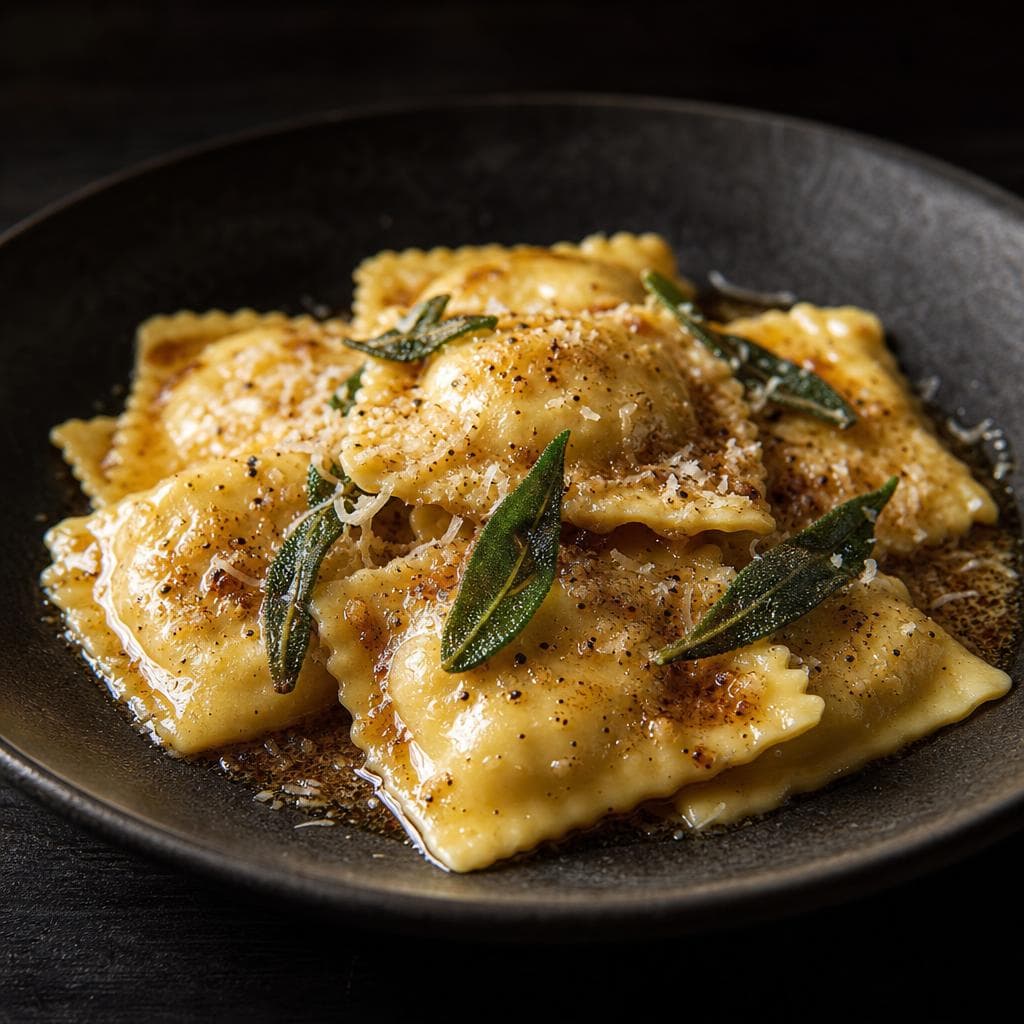 Cheese Ravioli in Brown Butter Sage - beautifully plated pasta dish