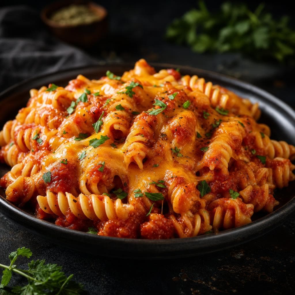 Cheesy Tomato Rotini - beautifully plated pasta dish