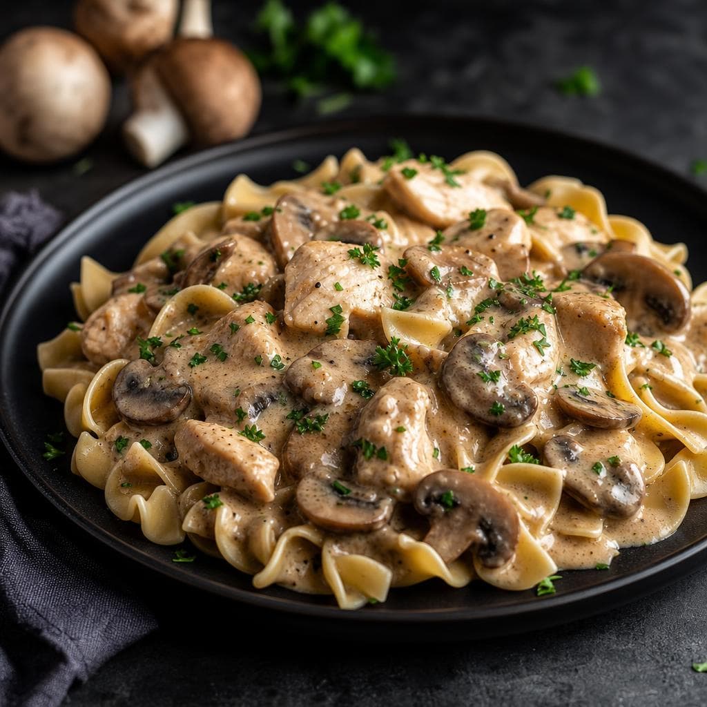 Chicken Mushroom Stroganoff Pasta - beautifully plated pasta dish