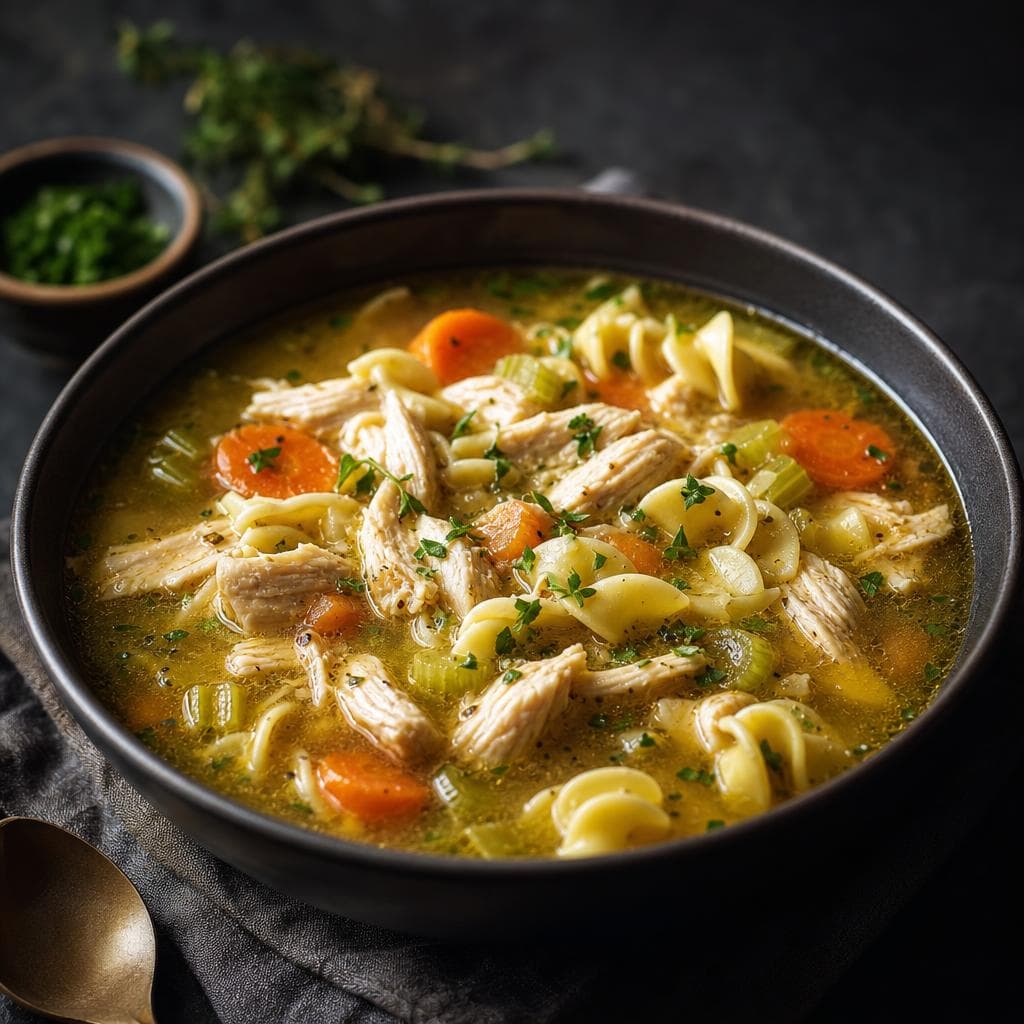 Homemade Chicken Noodle Soup - beautifully plated pasta dish