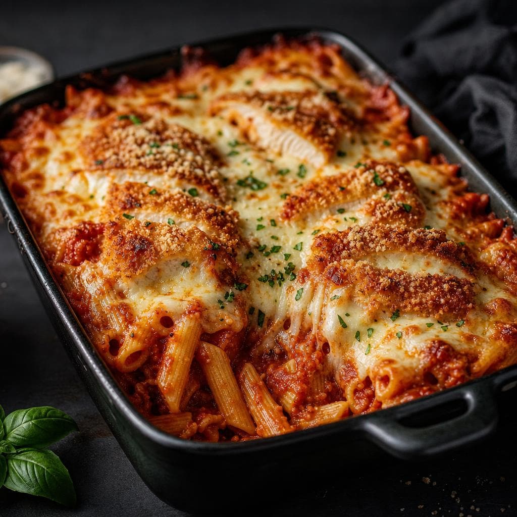 Chicken Parmesan Pasta Bake - beautifully plated pasta dish
