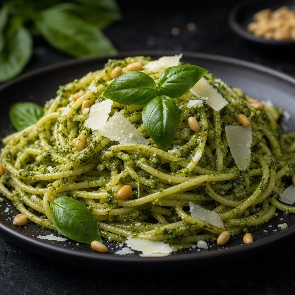 Classic Basil Pesto Pasta - beautifully plated pasta dish
