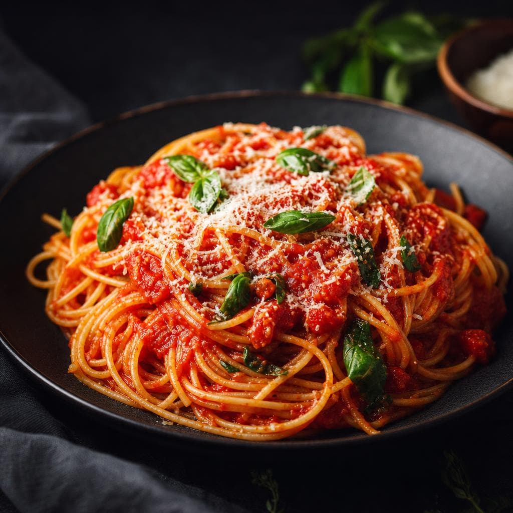 Classic Marinara Spaghetti - beautifully plated pasta dish
