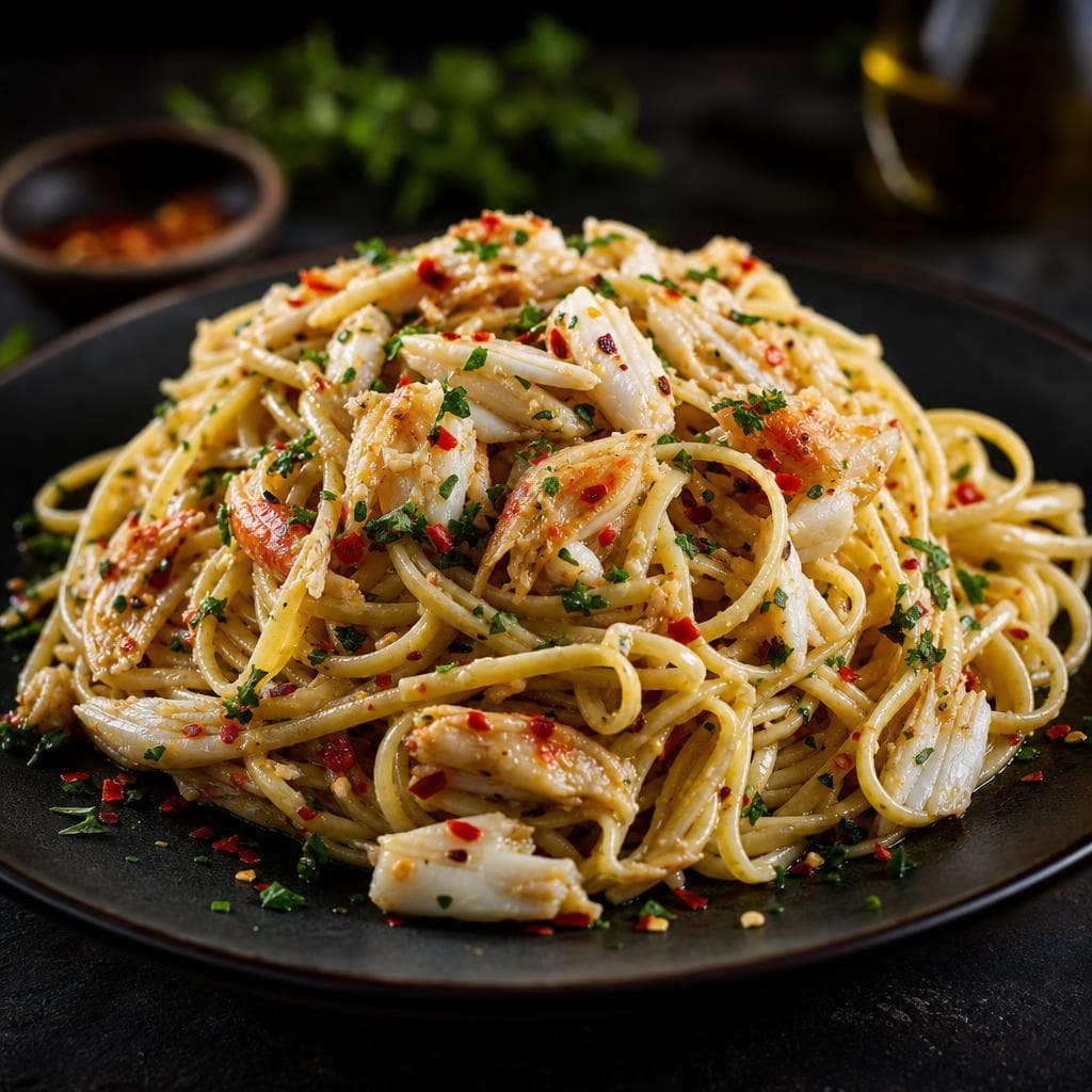 Crab Linguine with Chili - beautifully plated pasta dish