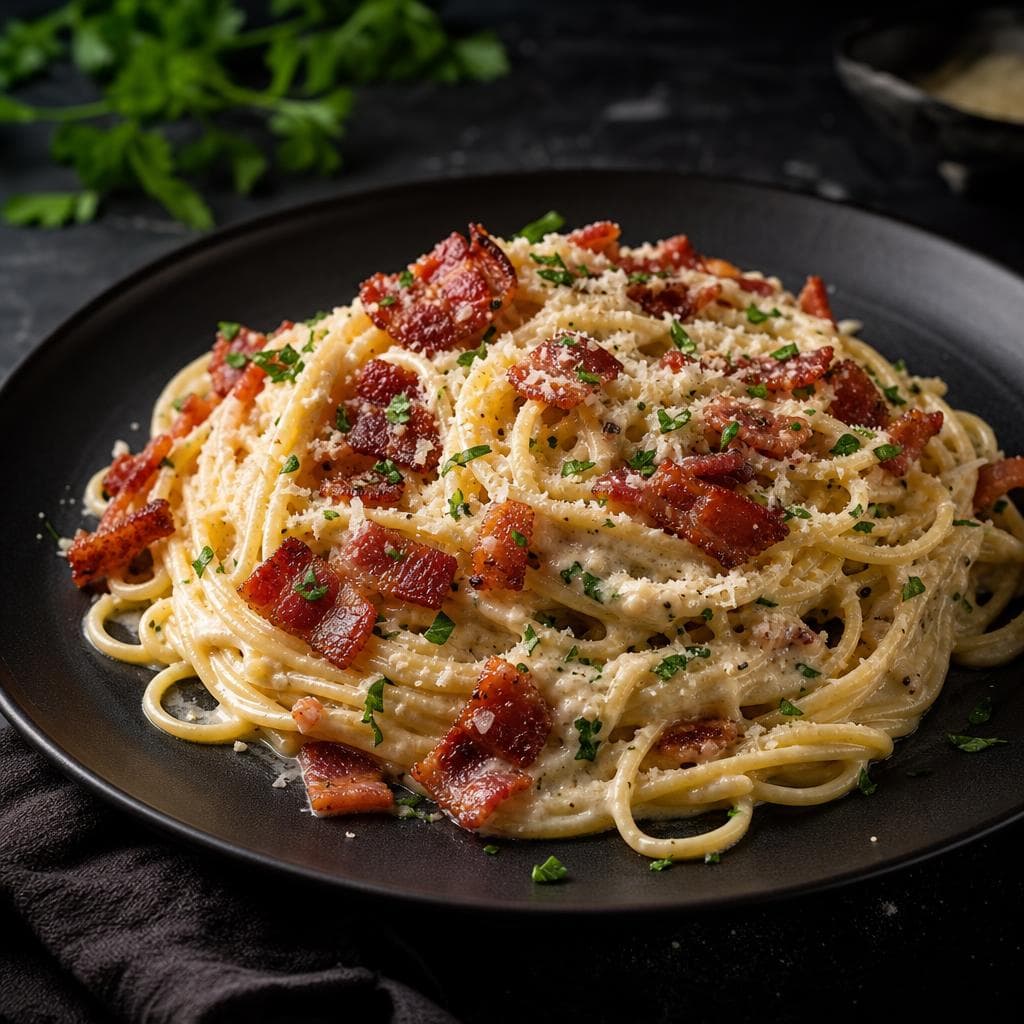 Creamy Bacon Pasta - beautifully plated pasta dish