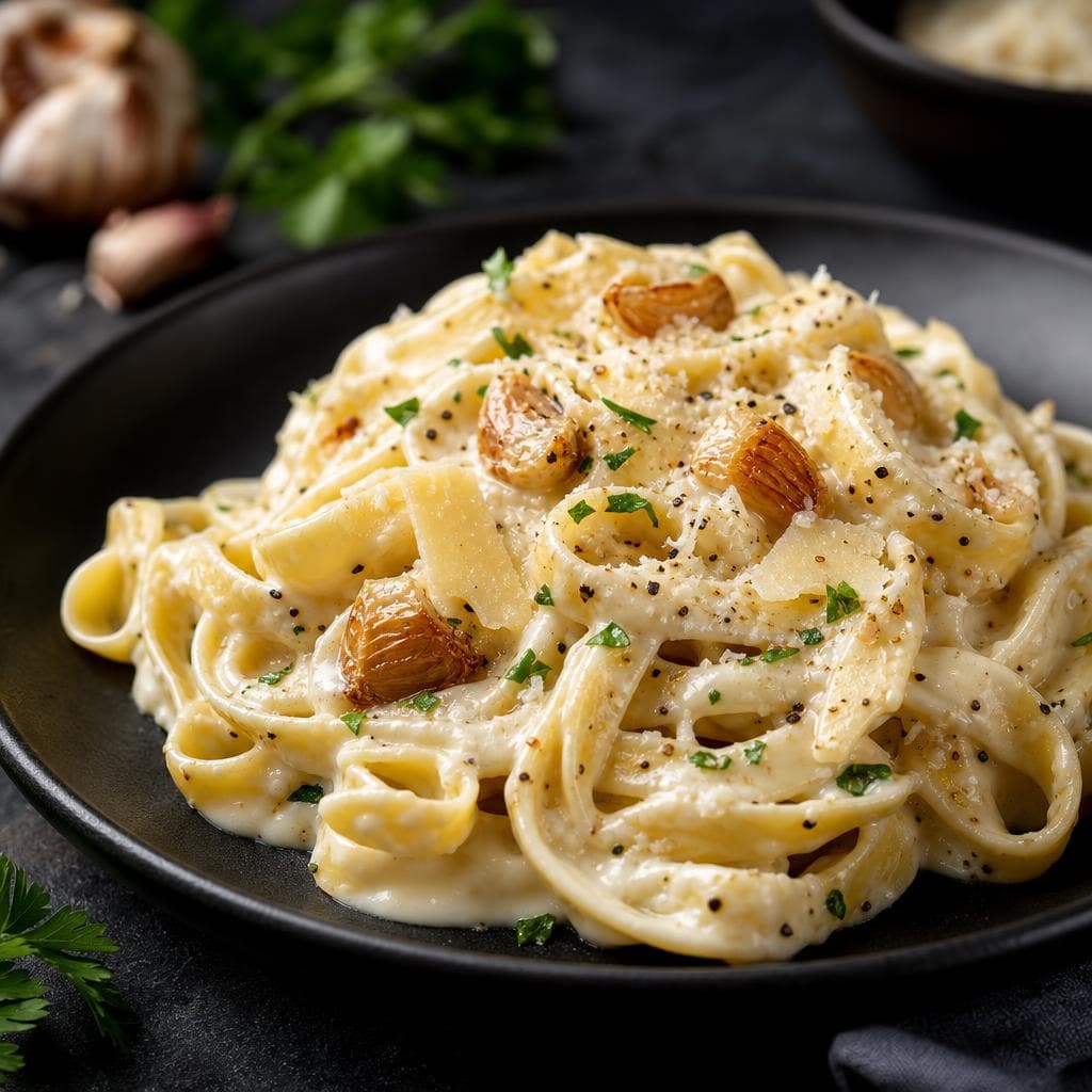 Creamy Garlic Parmesan Pasta - beautifully plated pasta dish