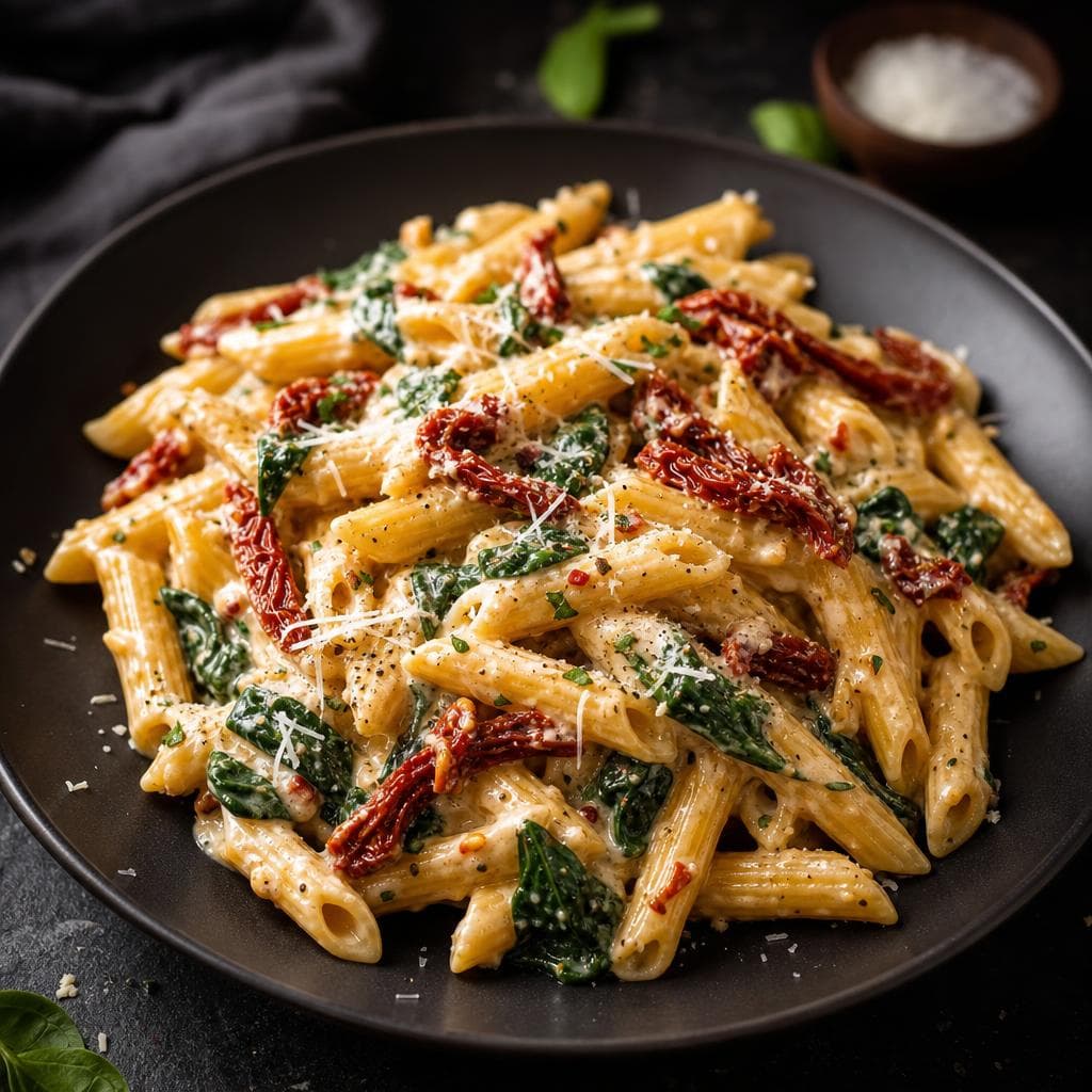 Creamy Sun-Dried Tomato Pasta - beautifully plated pasta dish