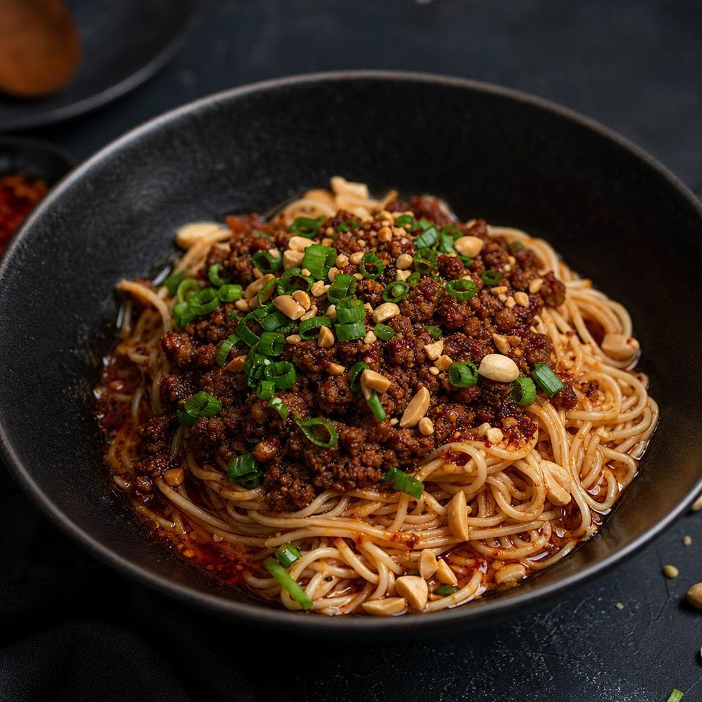 Dan Dan Noodles - beautifully plated pasta dish