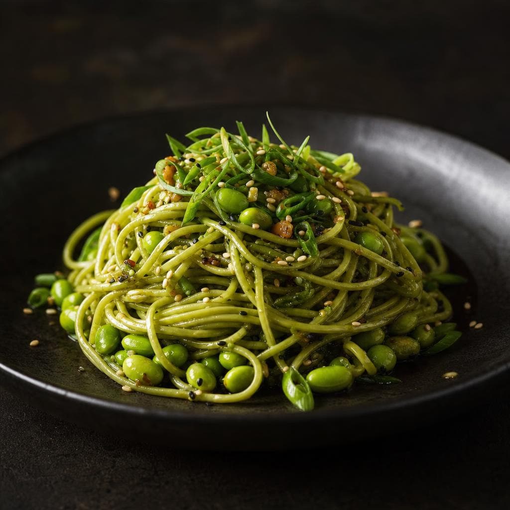 Edamame Pasta with Ginger Soy - beautifully plated pasta dish