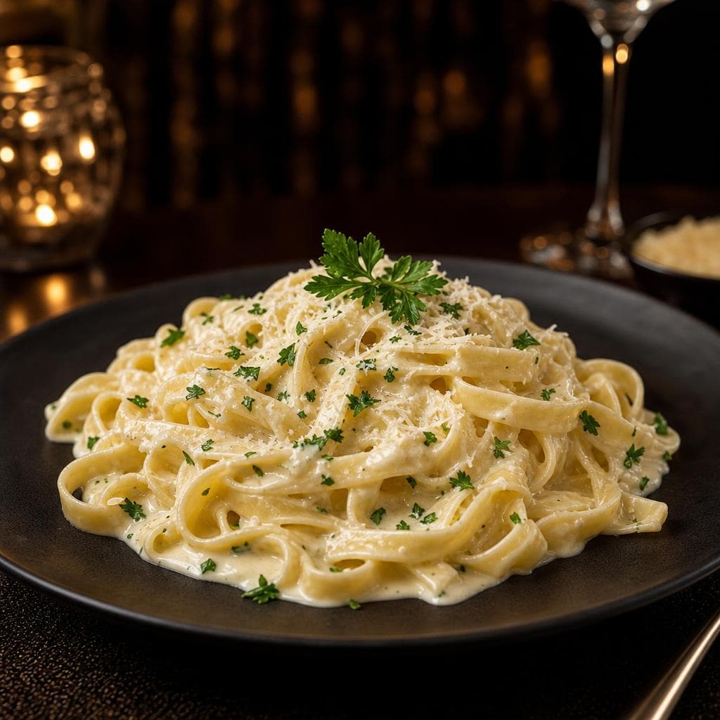 Fettuccine Alfredo - beautifully plated pasta dish