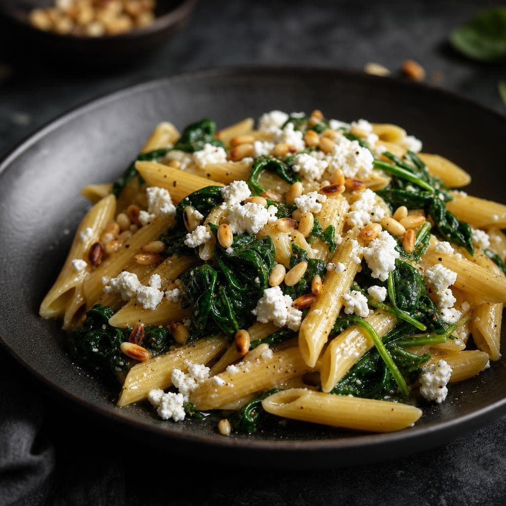 Goat Cheese Pasta with Spinach - beautifully plated pasta dish