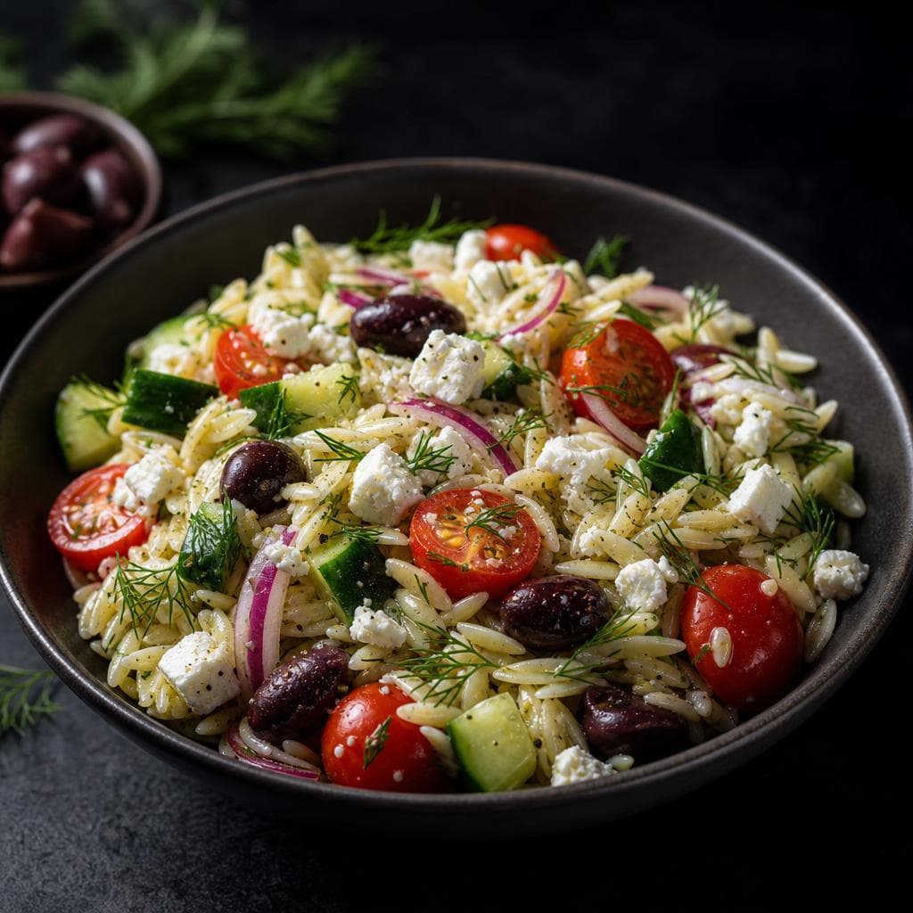 Greek Pasta Salad - beautifully plated pasta dish