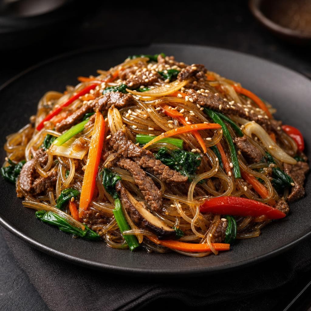 Japchae-Style Glass Noodles - beautifully plated pasta dish