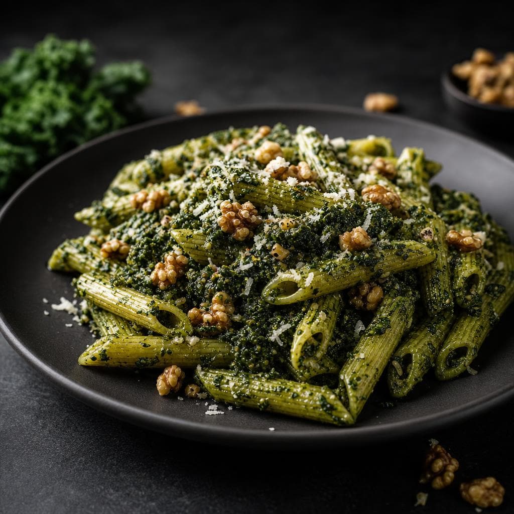 Kale Walnut Pesto Pasta - beautifully plated pasta dish