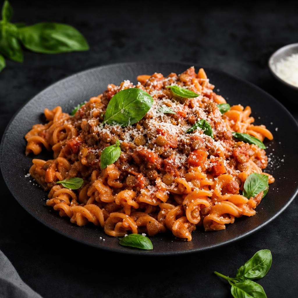 Lentil Pasta Bolognese - beautifully plated pasta dish