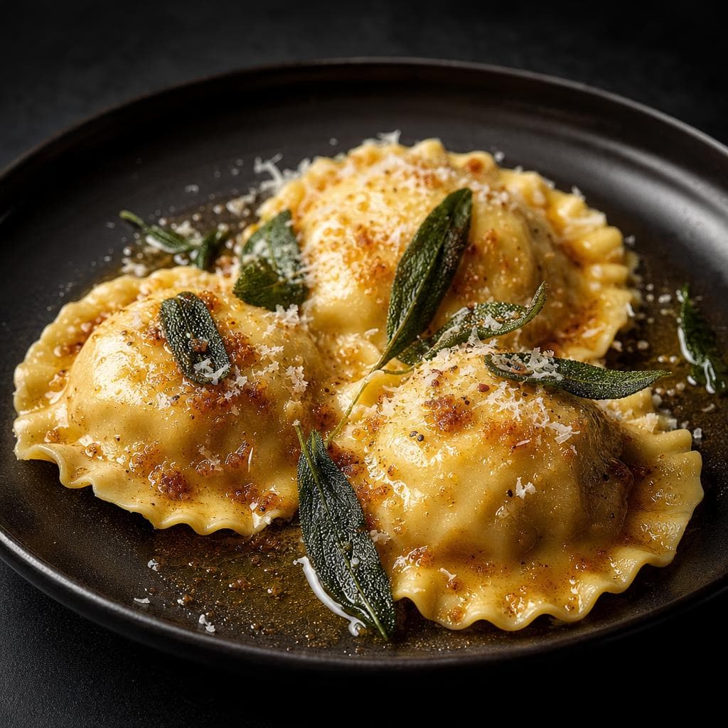 Lobster Ravioli in Brown Butter - beautifully plated pasta dish