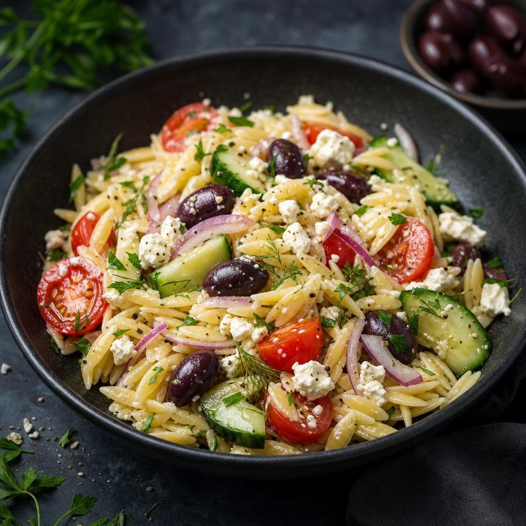 Mediterranean Orzo Bowl - beautifully plated pasta dish