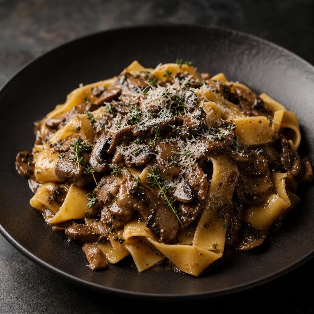 Mushroom Ragù Pappardelle - beautifully plated pasta dish