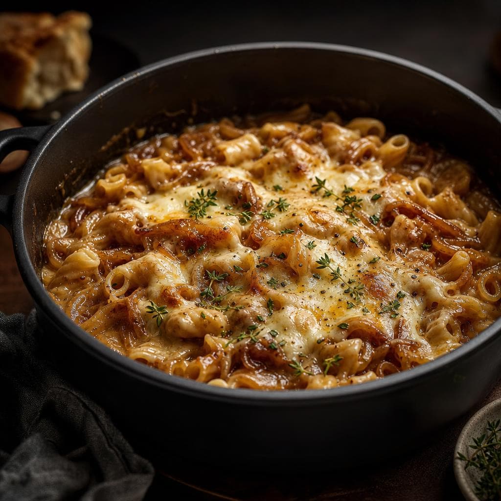 One-Pot French Onion Pasta - beautifully plated pasta dish