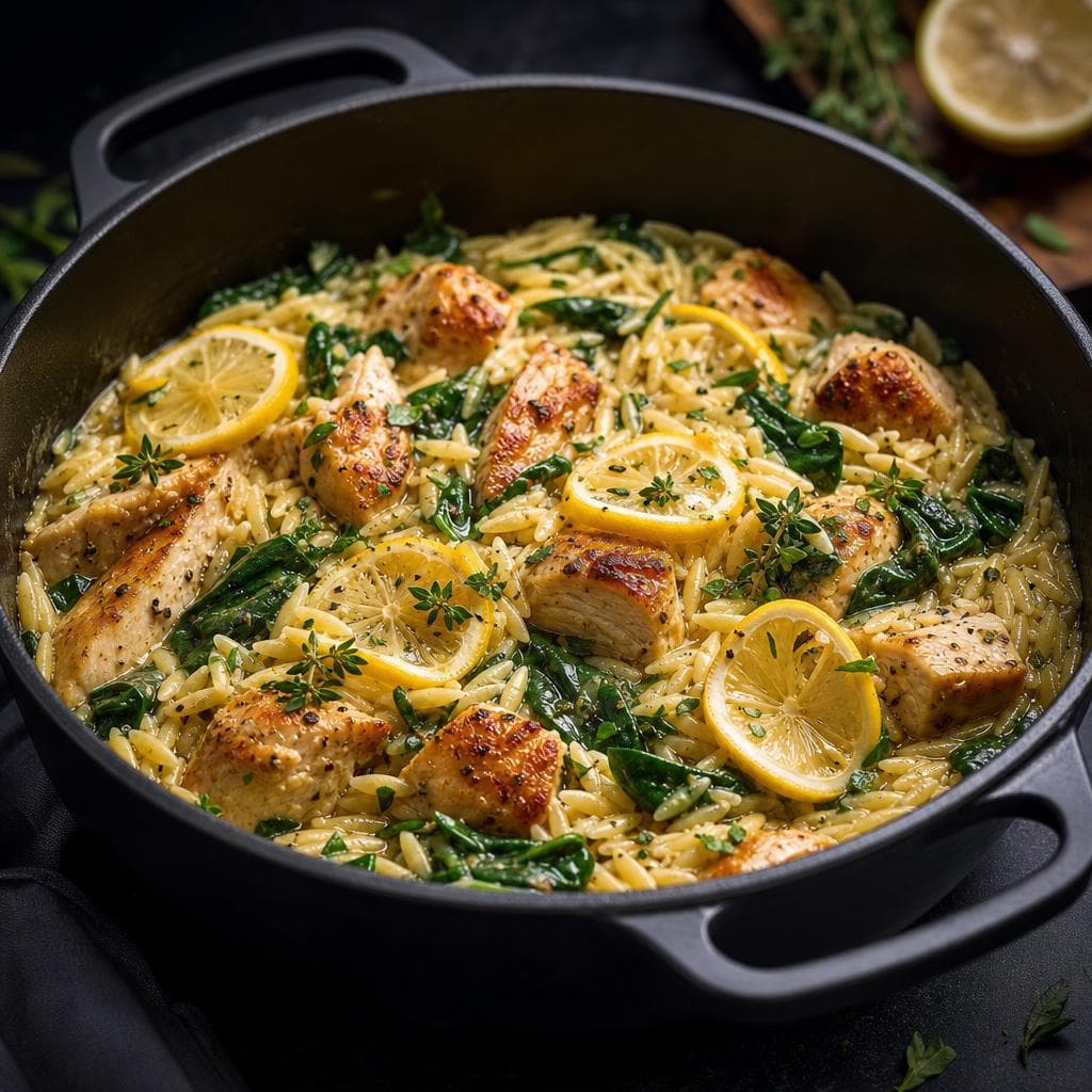 One-Pot Lemon Chicken Orzo - beautifully plated pasta dish