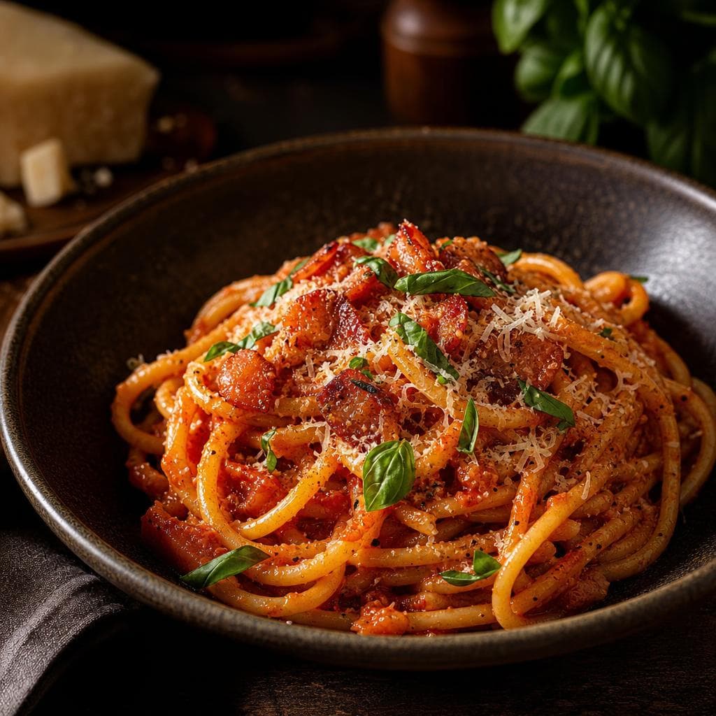 Bucatini all'Amatriciana - beautifully plated pasta dish