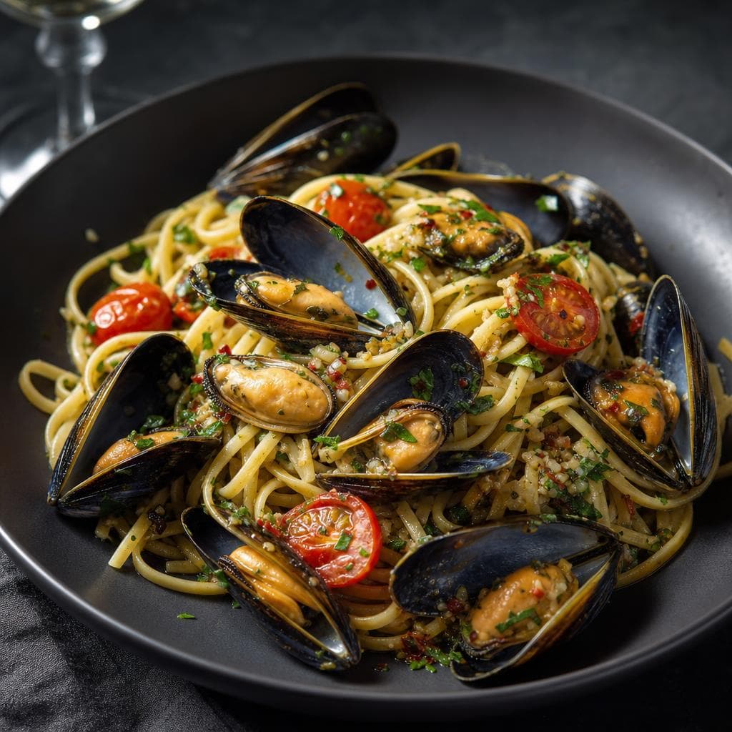 PEI Mussel Pasta - beautifully plated pasta dish
