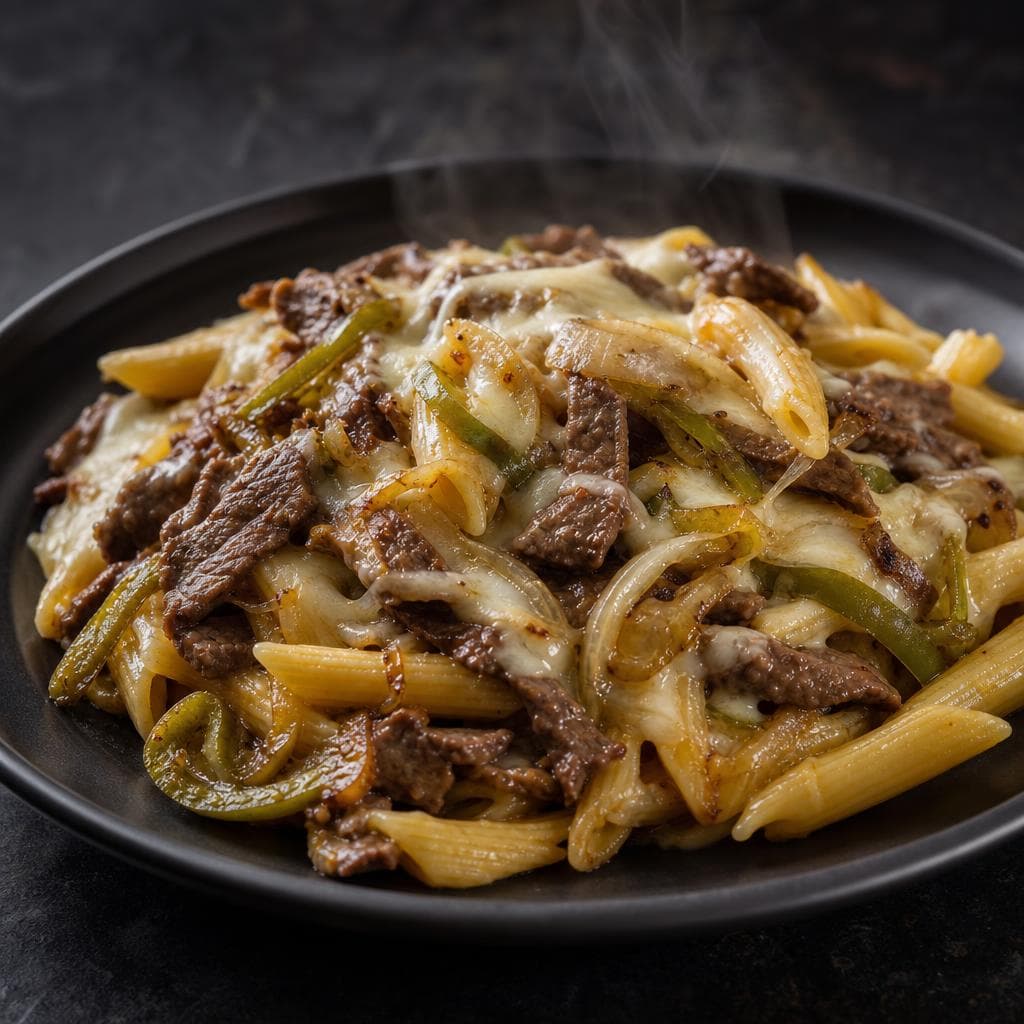Philly Cheesesteak Pasta - beautifully plated pasta dish