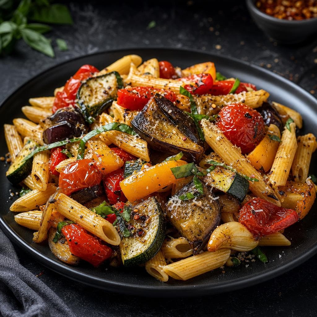 Roasted Vegetable Pasta - beautifully plated pasta dish
