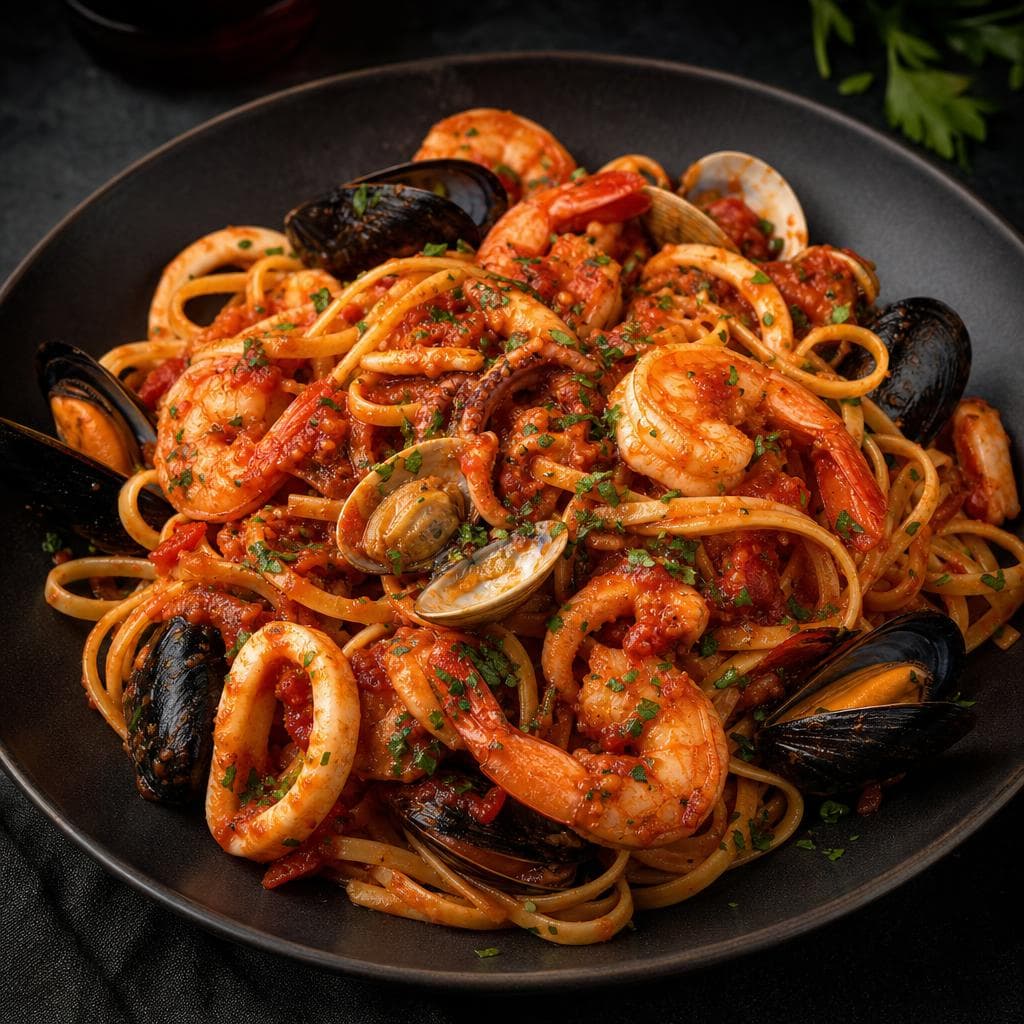 Seafood Linguine Marinara - beautifully plated pasta dish