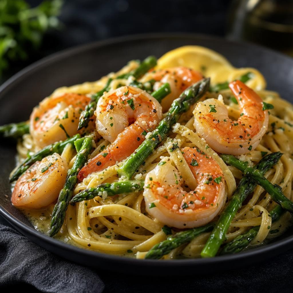 Shrimp and Asparagus Pasta - beautifully plated pasta dish