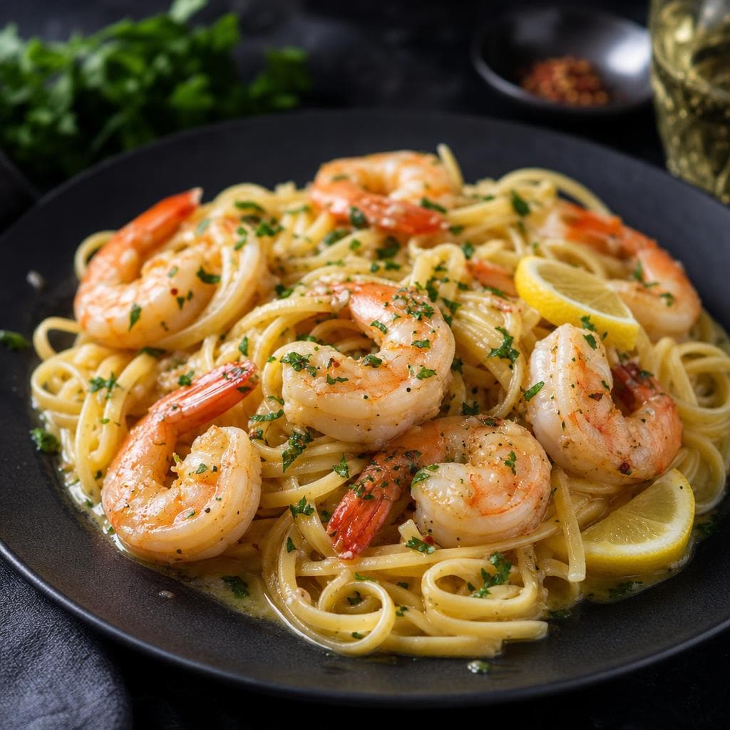 Shrimp Scampi Linguine - beautifully plated pasta dish
