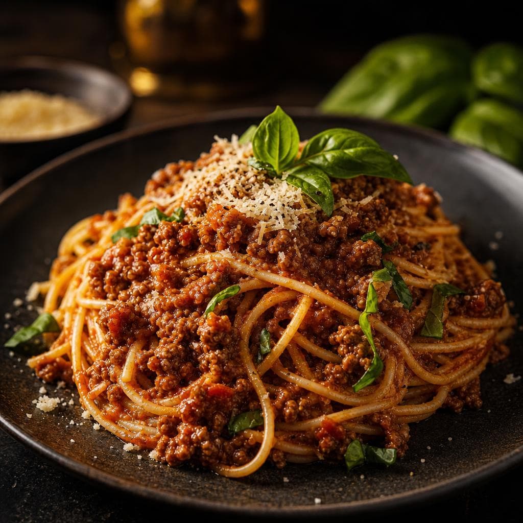 Spaghetti Bolognese - beautifully plated pasta dish