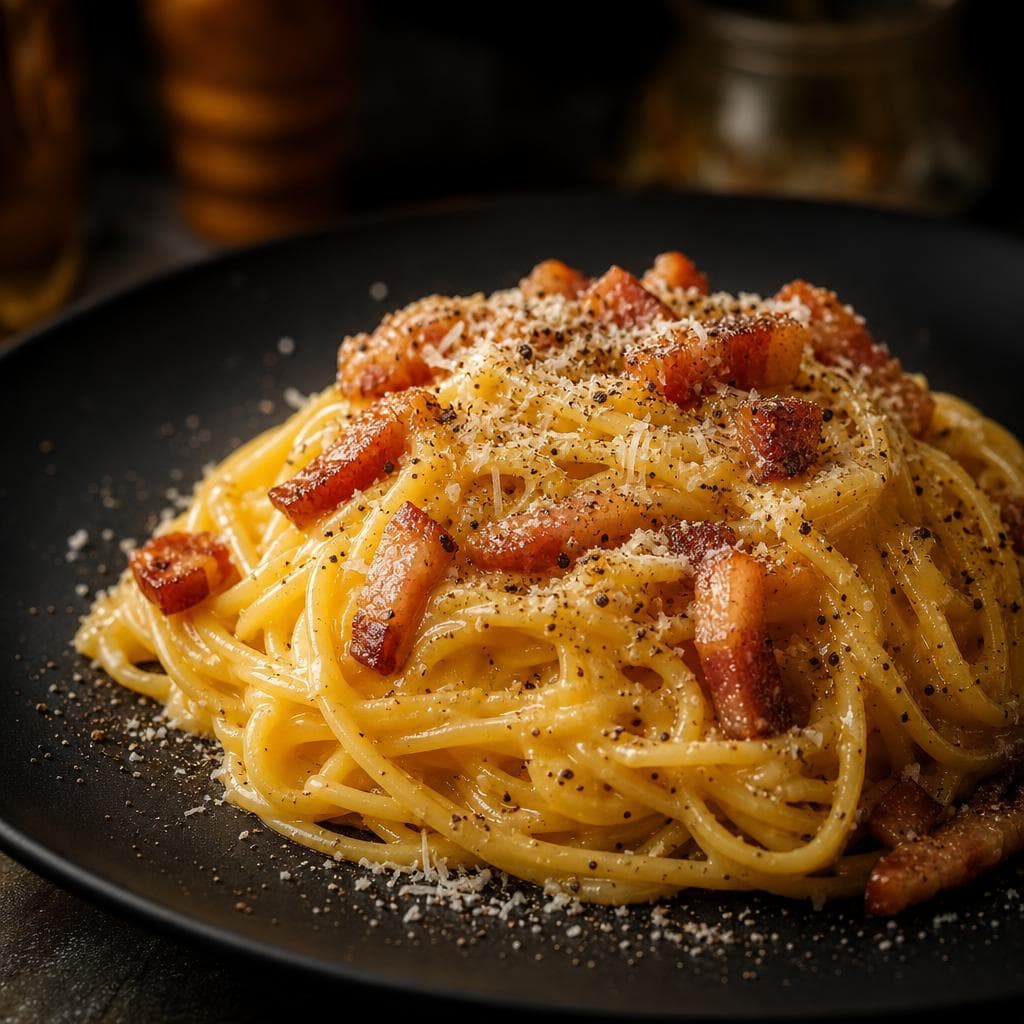 Spaghetti Carbonara - beautifully plated pasta dish