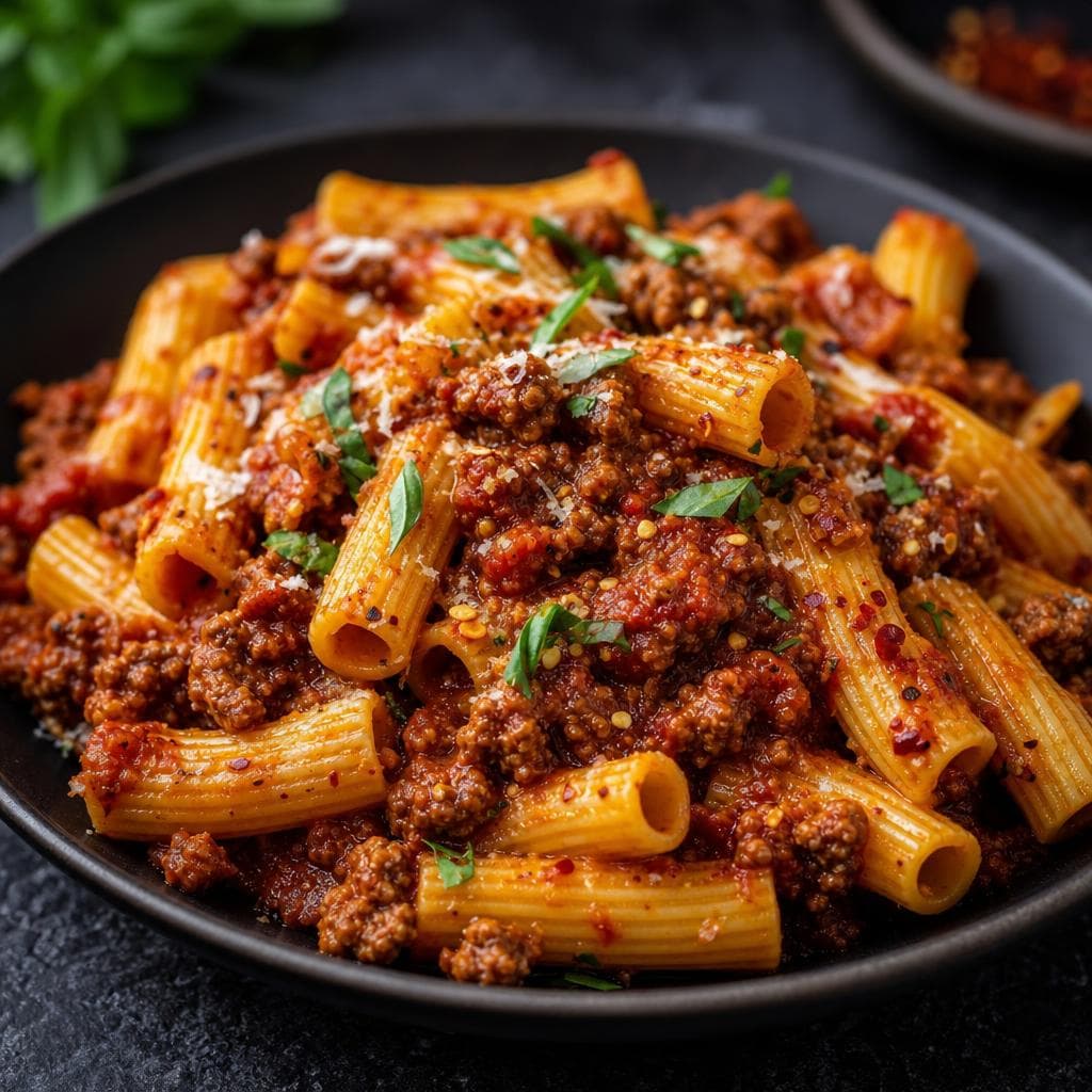 Spicy Sausage RagΓΉ Pasta - beautifully plated pasta dish