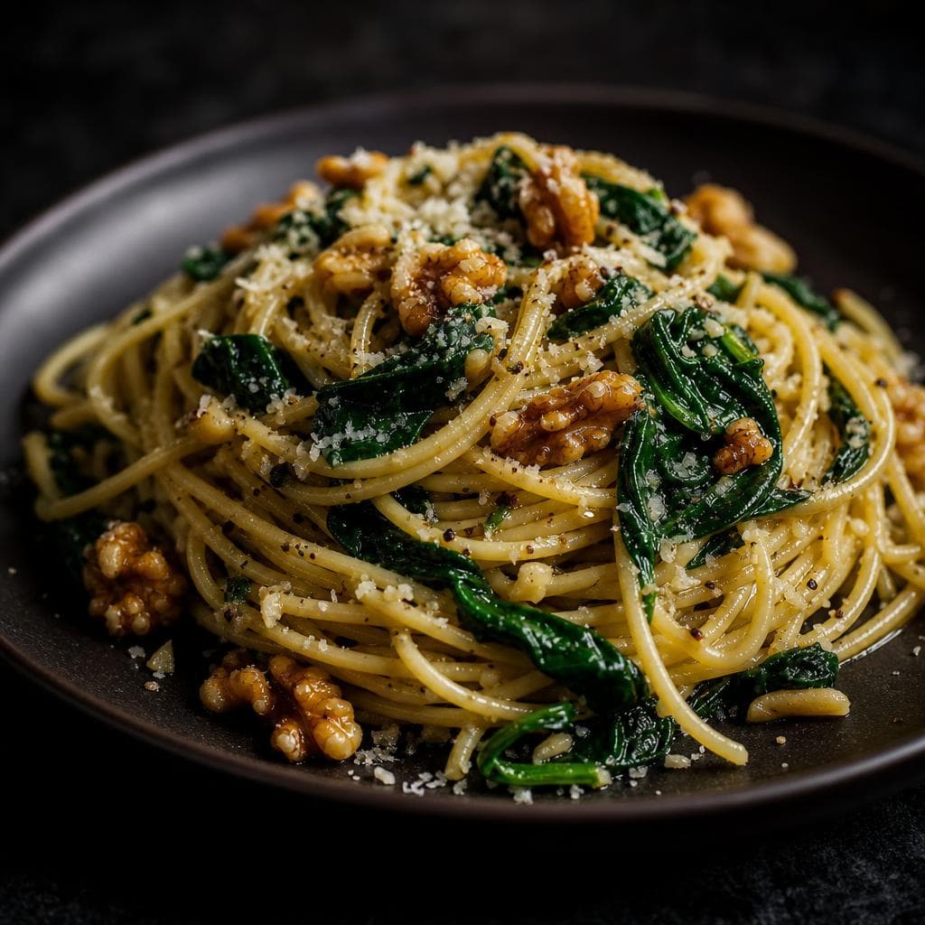 Spinach and Walnut Pasta - beautifully plated pasta dish