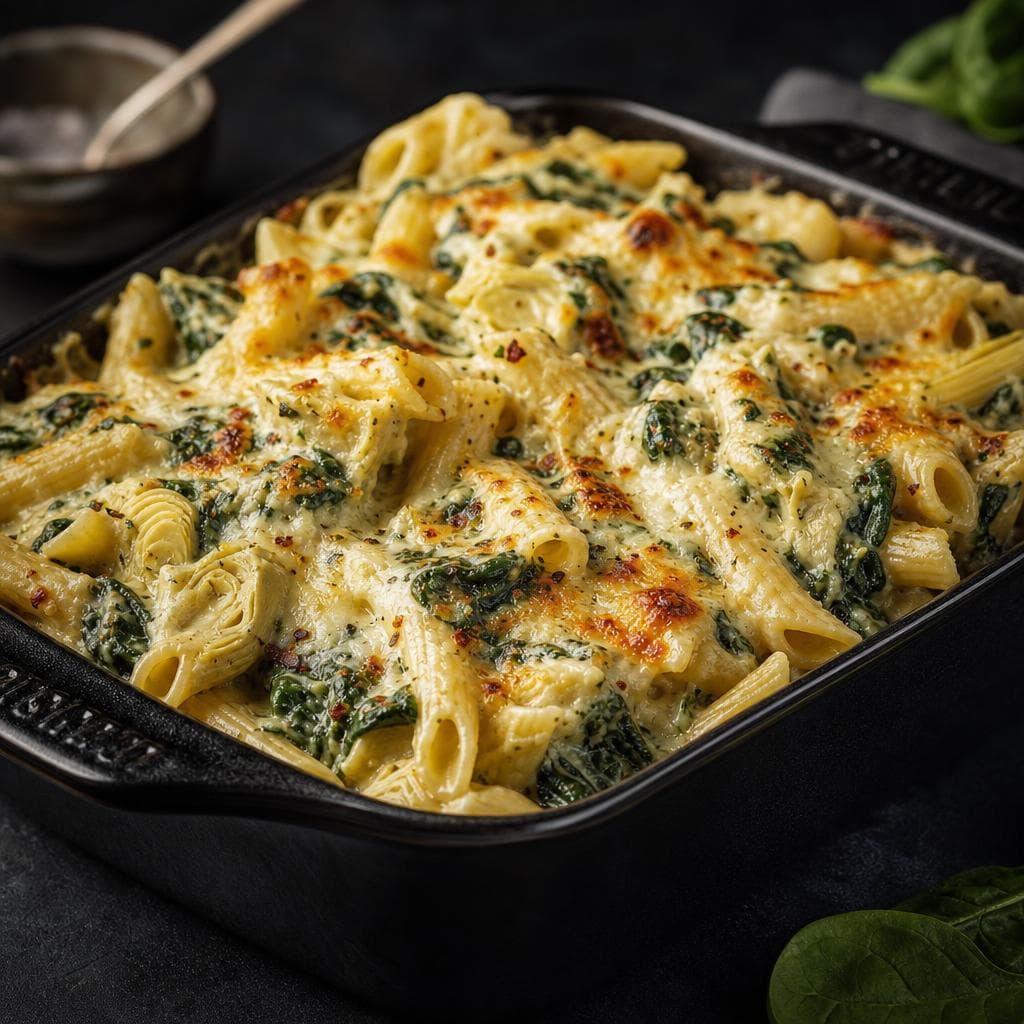 Spinach Artichoke Pasta Bake - beautifully plated pasta dish