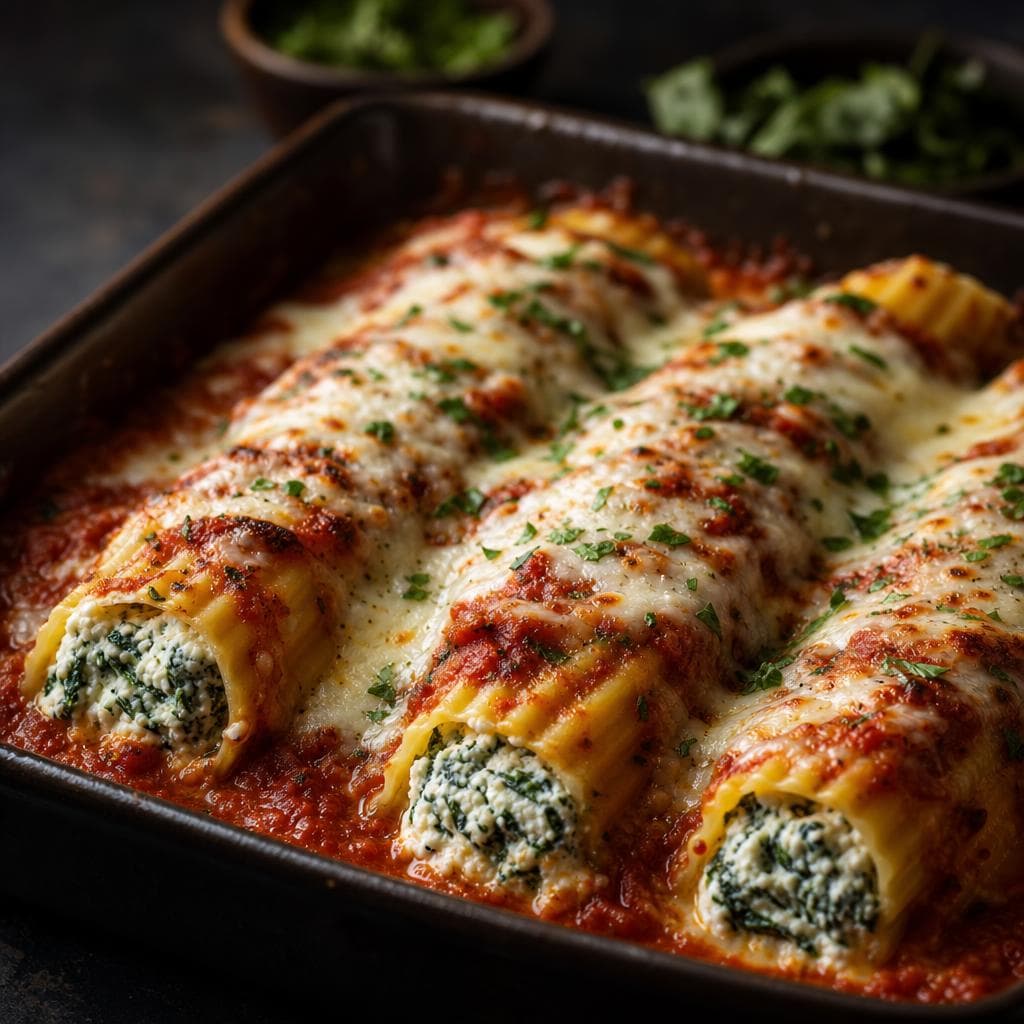 Spinach Ricotta Manicotti - beautifully plated pasta dish