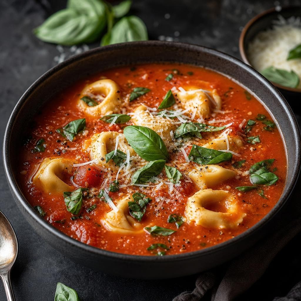 Tomato Basil Tortellini Soup - beautifully plated pasta dish