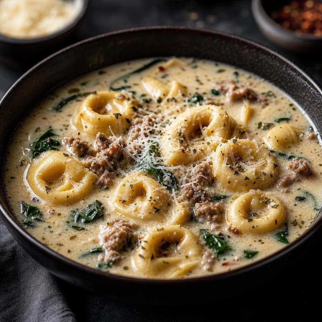 Creamy Tortellini Soup - beautifully plated pasta dish