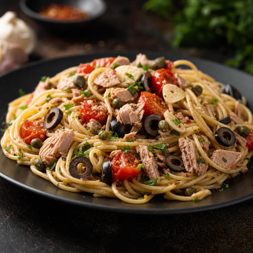 Tuna Pasta with Olives and Capers - beautifully plated pasta dish