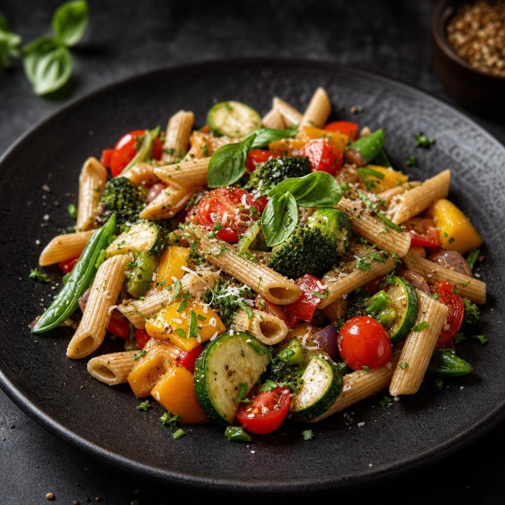 Whole Wheat Pasta Primavera - beautifully plated pasta dish